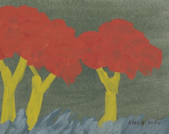 red and yellow trees - original gouache watercolor painting 5"x7"