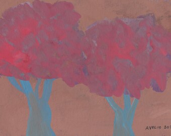 tree couple - original gouache watercolor painting 5"x7"