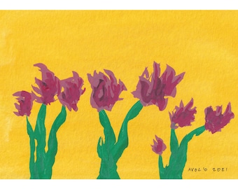 magenta flowers on yellow - art print - 5x7" or 8x10"