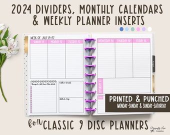 2024 Planner Dividers, Monthly Calendars and Weekly Inserts  - Sunday or Monday Start - Classic 9 Disc Planners -  Printed & Punched