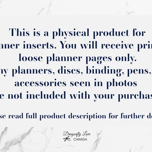 May include: Text on a white background with a marble pattern. The text states that this is a physical product for planner inserts, and only loose planner pages are included. Other accessories are not included.