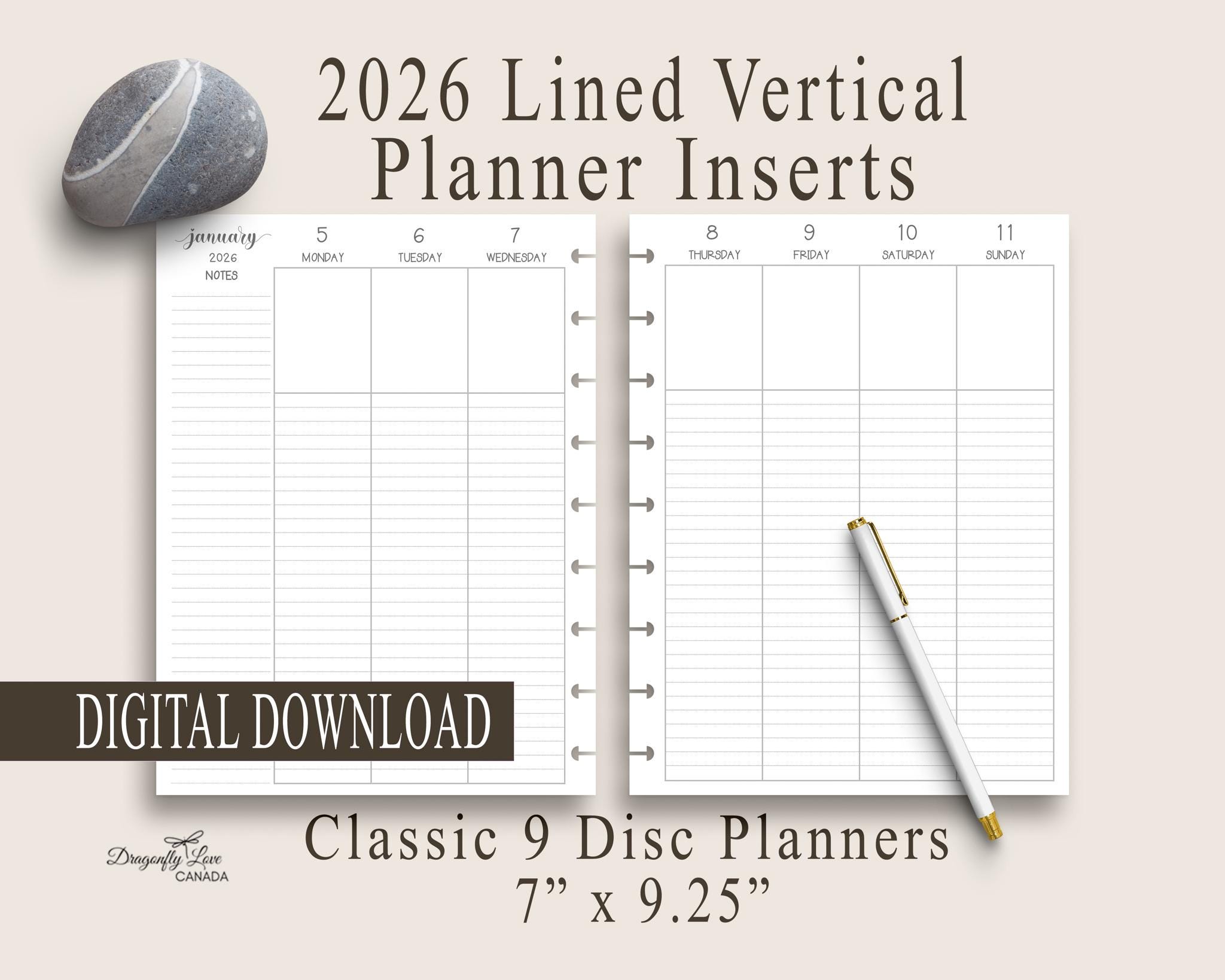 2026 Lined Vertical Planner Inserts - Monday - Sunday Dated Minimalist ...