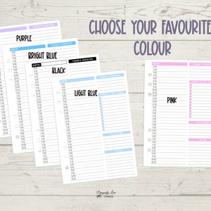 May include: A collection of planner inserts in various colors, including purple, bright blue, black, light blue, and pink. Each insert features a daily schedule layout with time slots and sections for priorities and notes. The text "CHOOSE YOUR FAVOURITE COLOUR" is displayed.