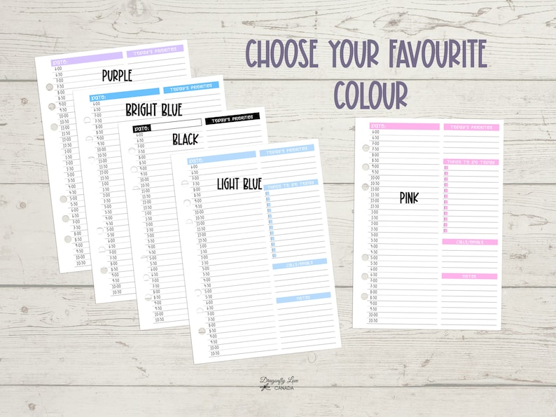 May include: A collection of planner inserts in various colors, including purple, bright blue, black, light blue, and pink. Each insert features a daily schedule layout with time slots and sections for priorities and notes. The text "CHOOSE YOUR FAVOURITE COLOUR" is displayed.