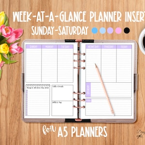 May include: A week-at-a-glance planner insert for A5 planners, with a Sunday to Saturday layout. The design includes sections for each day, plus space for notes. A pencil, coffee cup, and flowers are also visible.