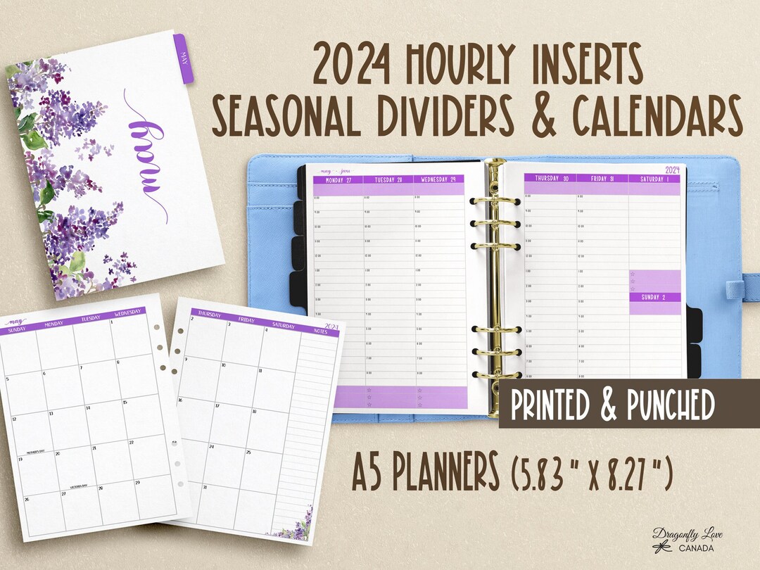 2024 Hourly Planner Inserts With Seasonal Dividers & Monthly Calendars