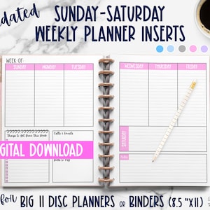 Sunday to Saturday Weekly Planner Inserts for Big 11 Disc Planners or US Letter Journals - Undated Vertical Planner Pages