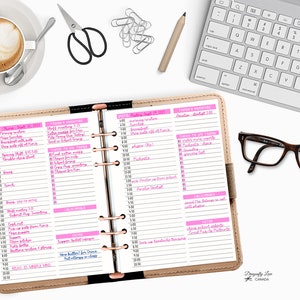 May include: A planner with a tan leather cover is open to a daily schedule, with pink highlighted sections. A cup of coffee, scissors, paper clips, a pencil, a keyboard, and glasses are arranged around the planner. The planner is labeled "Designedly Love Canada."