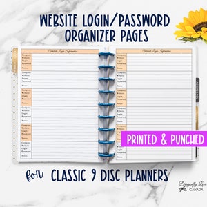 May include: Website login/password organiser pages for Classic 9 disc planners. The pages are printed and punched. Sections include company, website, login, password, and notes. A sunflower is in the top right corner.