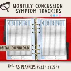 Concussion Symptoms Tracker for A5 Planners - Brain Injury Symptom Record - Monthly Recovery Journal - TBI Check List - Digital Download