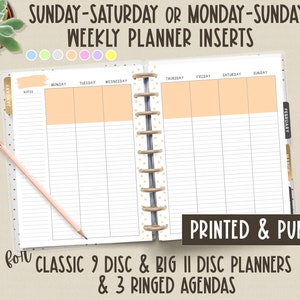 May include: A weekly planner insert with a peach and white design. The open planner shows a two-page spread with a weekly layout. Text at the top reads "SUNDAY-SATURDAY OR MONDAY-SUNDAY WEEKLY PLANNER INSERTS." The planner is printed and punched.