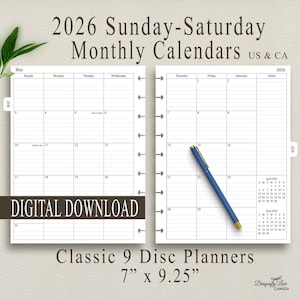 May include: 2026 Sunday-Saturday monthly calendar pages. The white pages are open to show the monthly layout. A blue pen rests on the right page. The calendar measures 7" x 9.25". The words "Digital Download" are displayed.