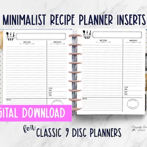 Utskrivbar receptplanerare - Minimalistiska kokboksinlägg - Refills för matintresserade måltider - Familjens recepthållare - Klassiska 9-skivors planerare