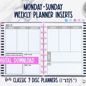 May include: Open weekly planner inserts with a black and white striped cover and pink binding. The planner pages are white with gray boxes for each day of the week, and include sections for notes and to-do lists. Text reads "MONDAY-SUNDAY WEEKLY PLANNER INSERTS".
