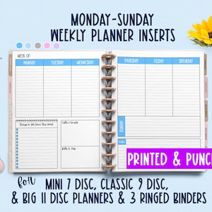 Monday-Sunday Weekly Planner Inserts - Undated Vertical Planner Refills - Mini 7 Discs, Classic 9 Disc & Big 11 Disc Journals or US Letter