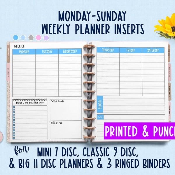Monday-Sunday Weekly Planner Inserts - Undated Vertical Planner Refills - Mini 7 Discs, Classic 9 Disc & Big 11 Disc Journals or US Letter