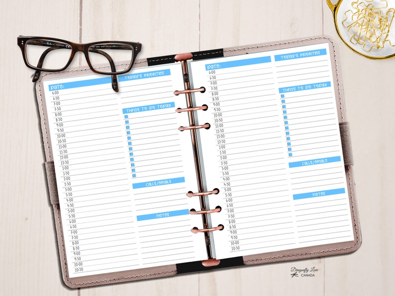 May include: Open planner with a light brown cover, rose gold rings, and lined pages. The planner is open to a daily schedule with blue highlighted sections for priorities, to-dos, calls/goals, and notes. Brown eyeglasses rest on the planner.