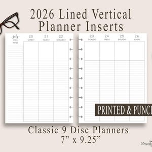 2026 Dated Lined Vertical Planner Inserts  - Monday - Sunday Minimalist Pages for Classic 9 Disc Planners -  Printed & Punched Agenda Pages