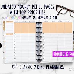 Undated Hourly Planner Inserts -  Lined Hourly Vertical Pages for Classic 9 Disc Planners - Sunday or Monday Start to Week Hourly Inserts