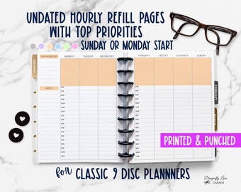 Undated Hourly Planner Inserts -  Lined Hourly Vertical Pages for Classic 9 Disc Planners - Sunday or Monday Start to Week Hourly Inserts