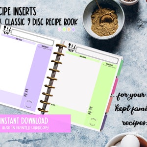 Recipe Planner Printable Inserts Lined & Unlined - Foodie Meal Prep Refills - Family Recipe Keeper - Cookbook Pages - Classic 9 Disc Book