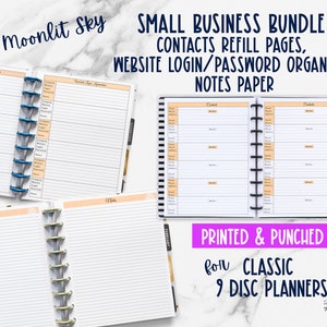 May include: A small business bundle of refill pages for 9-disc planners. Includes contacts, website login/password organiser, and notes paper. The pages are printed and punched. The text "Moonlit Sky" is at the top left.