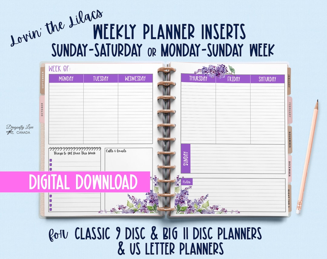 Undated Weekly Planner Inserts With Lilacs Monsun or Sunsat Planner
