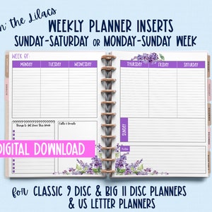 Undated Weekly Planner Inserts with Lilacs - Mon-Sun or Sun-Sat Planner Pages for Classic & Big Disc Bound Planners or US Letter Planners
