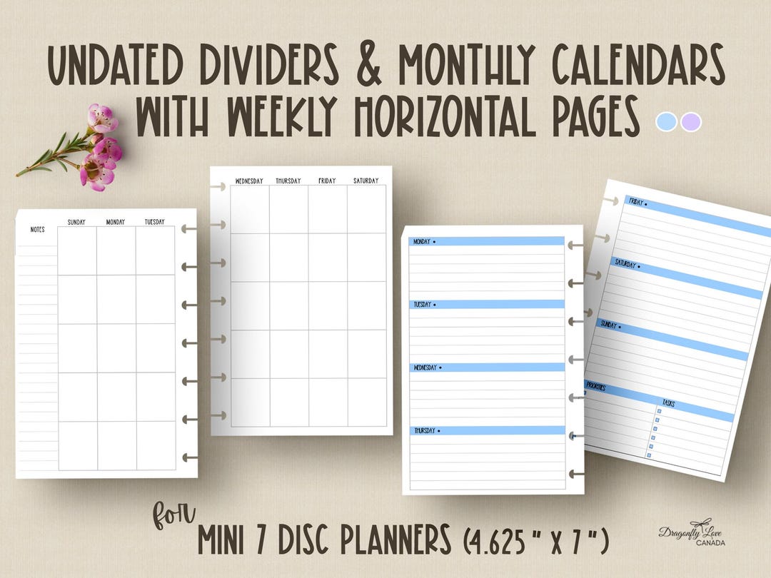 Mini 7 Disc Planner Inserts - Undated Monthly Calendar & Dividers - Etsy