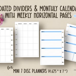 May include: White undated planner inserts with weekly horizontal pages, designed for Mini 7 disc planners. The pages include monthly calendars and dividers. The dimensions are 11.7 cm by 17.8 cm.