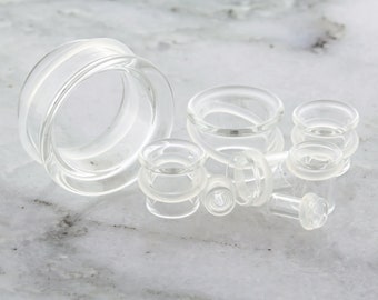 Pair Clear Borosilicate Glass Single Flare Tunnels with clear oring