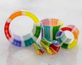 Pair rainbow and white Borosilicate Glass Single Flare Tunnels