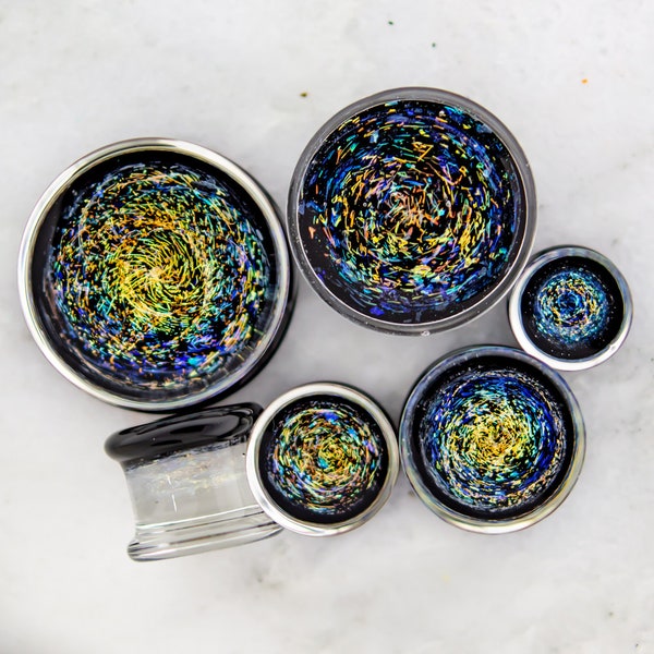 Orange and Blue Dichro Galaxy- Borosilicate Glass Double Flare Plugs