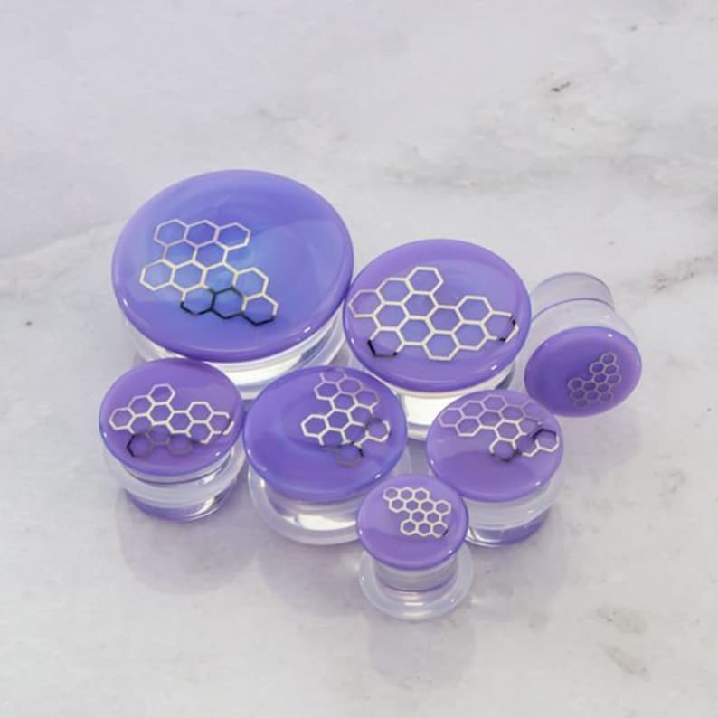 PAIR Borosilicate Glass Single Flare Plugs Purple with Silver foil Honeycomb