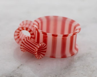 Pair red and white Peppermint Borosilicate Glass Double Flare Tunnels