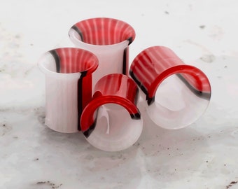 Pair Red and White Ball colored Borosilicate Glass Single Flare Tunnels