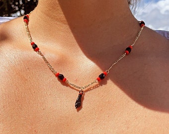 18k gold filled figaro-ketting: zwarte vijg, rode kralen, azabach-bescherming
