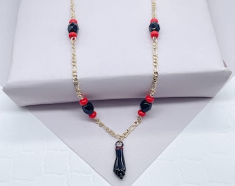 18k Gold Filled Figaro Necklace Featuring Black "Figa", Red Beads, Simulated Azabache Protection, Good tune, Good Luck  Jewelry