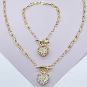 18k Gold Filled Paper Clip Chain Featuring Puffy Heart Full Pave Cubic Zirconia Set Bracelet Necklace With Toggle Closure