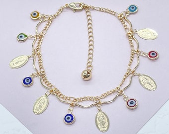 18k Gold Filled Guadalupe & Evil Eye Charm Bracelet