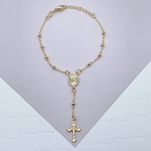 18k Gold Filled Dainty Rosary Bracelet Our Lady of Guadalupe With Victorian Crucifix Detail