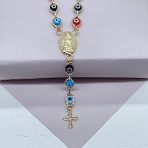 18k Gold Filled Evil Eye Rosary Necklace: Our Lady of Guadalupe