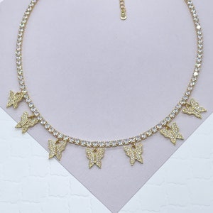 18k Gold Filled Clear Cubic Zirconia Tennis Necklace with Seven Zirconia Butterfly Charms