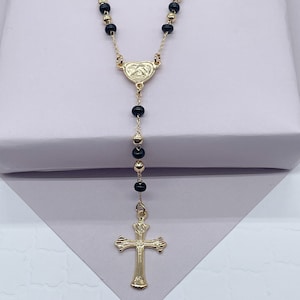 18k Gold gefüllte schwarze Perlen Mode Rosenkranz mit Engel und Kreuz, trendiger religiöser Rosenkranz