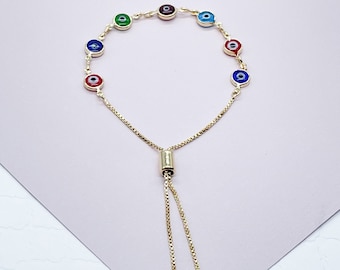 18k Gold Filled Adjustable Evil Eye Bracelet Featuring Slide Clasp Hypoallergenic Jewelry
