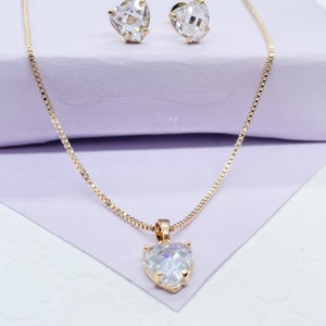 18k Gold Filled Clear CZ Stone Heart Set With Thin Dainty Box Chain