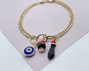 18k Gold Filled Cuban Link Charm Bracelet: Blue Evil Eye & Figa