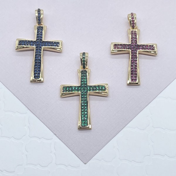 18k Gold Filled Colorful Cubic Zirconia Cross Pendant Charm, Religious Charm, Emerald, Sapphire or Amethyst CZ