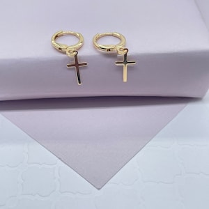 18k Gold Filled Tiny Plain Hanging Cross Hoop Earrings  Jewelry
