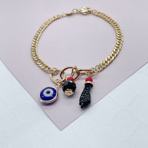 18k gold filled dubbele Cubaanse schakelarmband met blauw boze oog, simuleren azabach- en vijgenbedels-beschermingssieraden